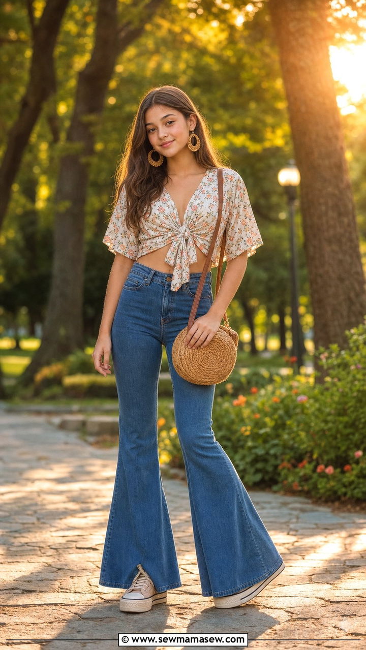 Tie Front Top and Flare Jeans Outfit - 35 Back to school outfit ideas 11th grade