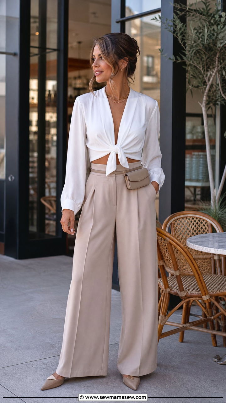 Tie Front Top with High Waisted Trousers - 30 Girls brunch outfit ideas