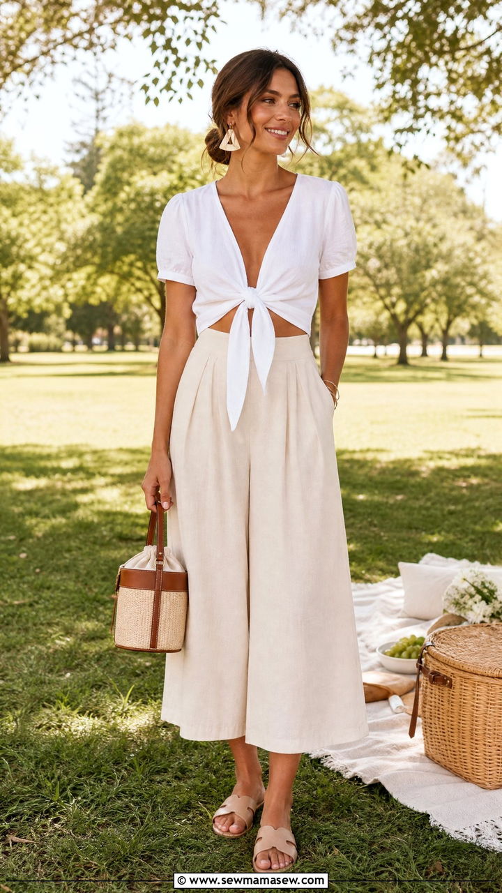 Tie Front Top with Wide Leg Culottes - 30 summer picnic outfit ideas
