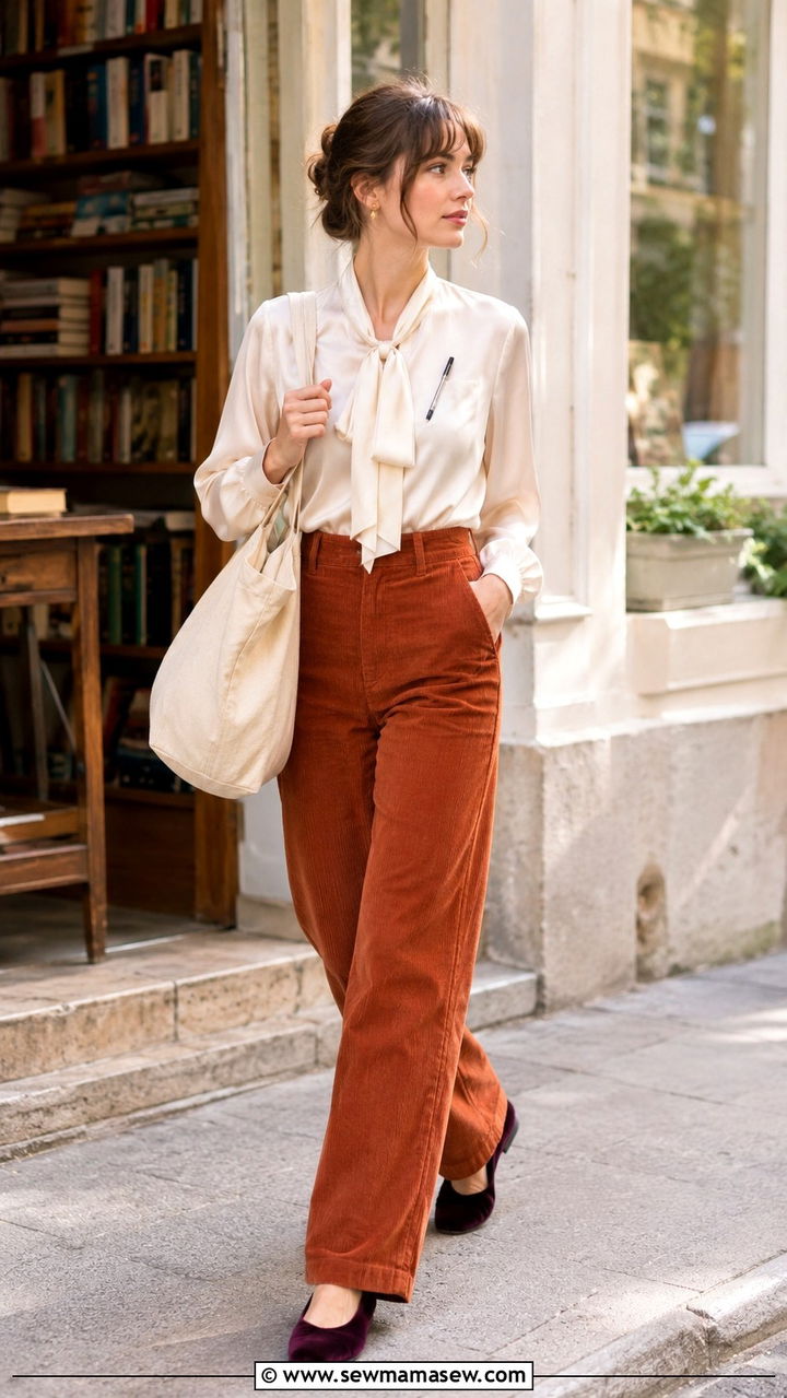 Tie Neck Blouse And Corduroy Pants Outfit - 20 poetcore outfits 2026