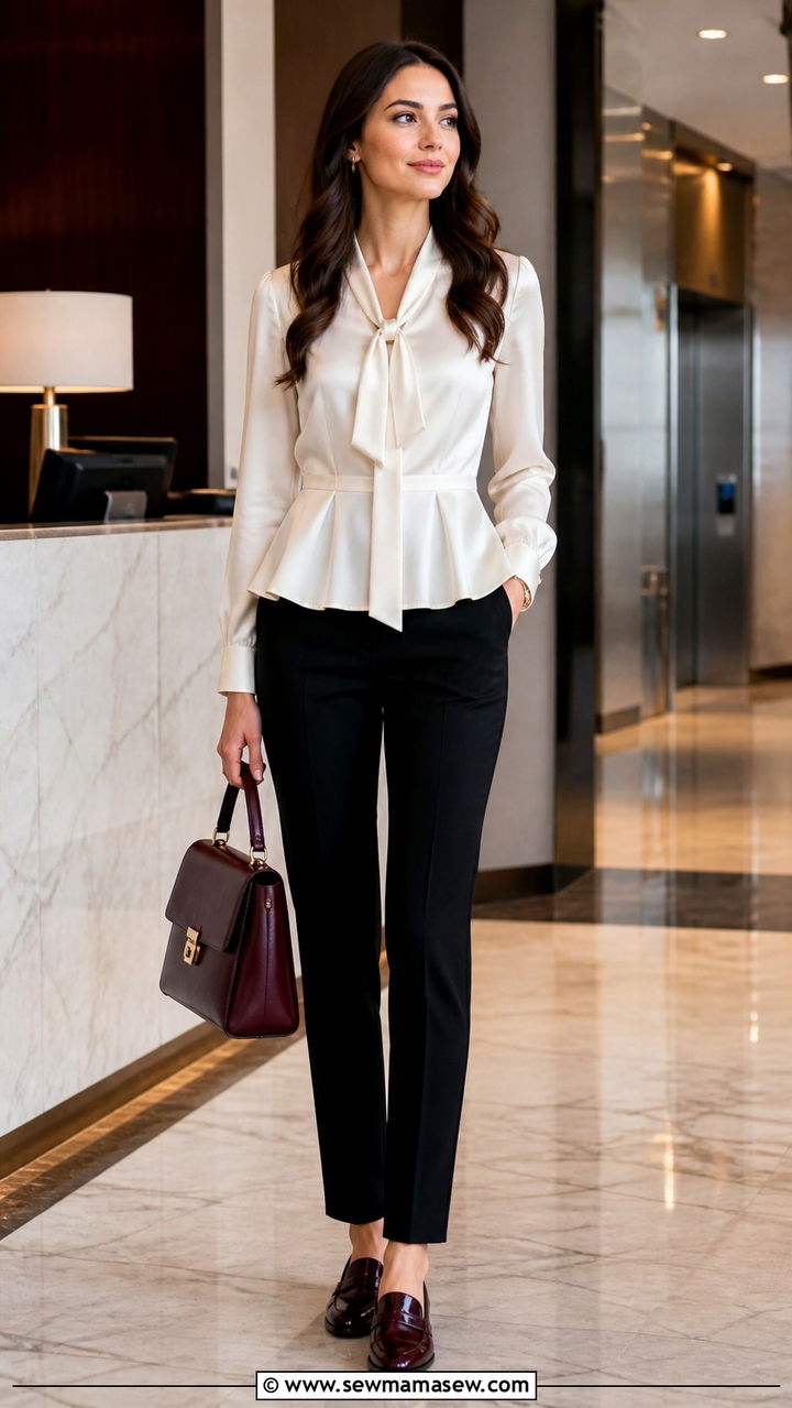 Tie Neck Peplum Blouse with Tailored Trousers and Loafers - 40 Peplum top outfit ideas