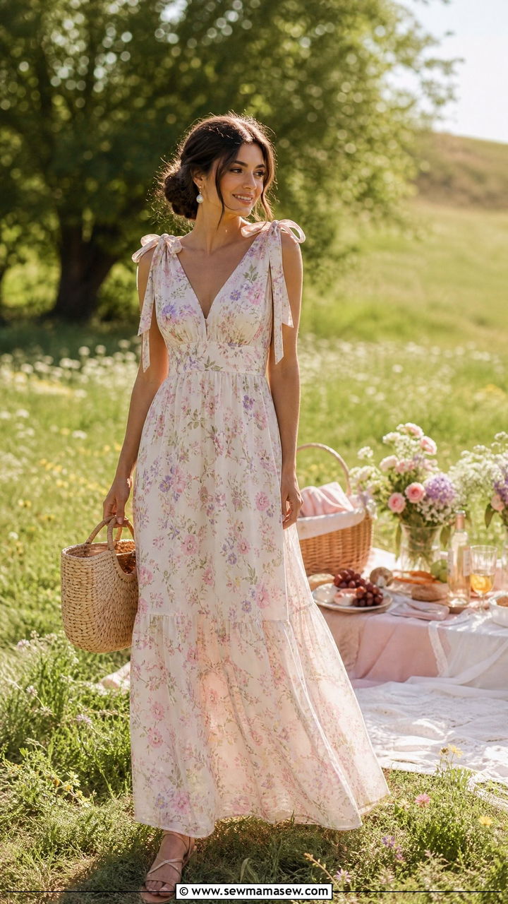 Tie Sleeve Maxi Dress And Flat Sandals - 30 Maxi dress with sleeves outfit ideas