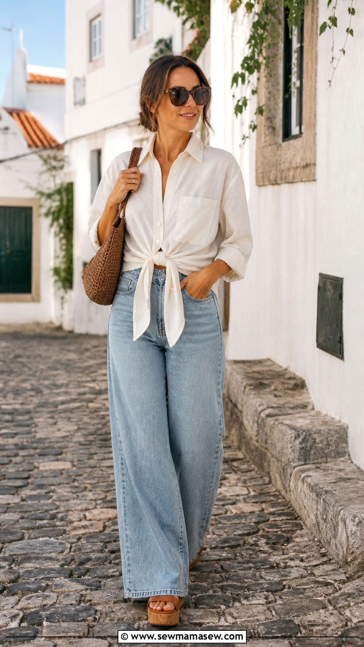 Tie Waist Linen Shirt And Wide Leg Jeans - 40 summer coastal grandmother outfits