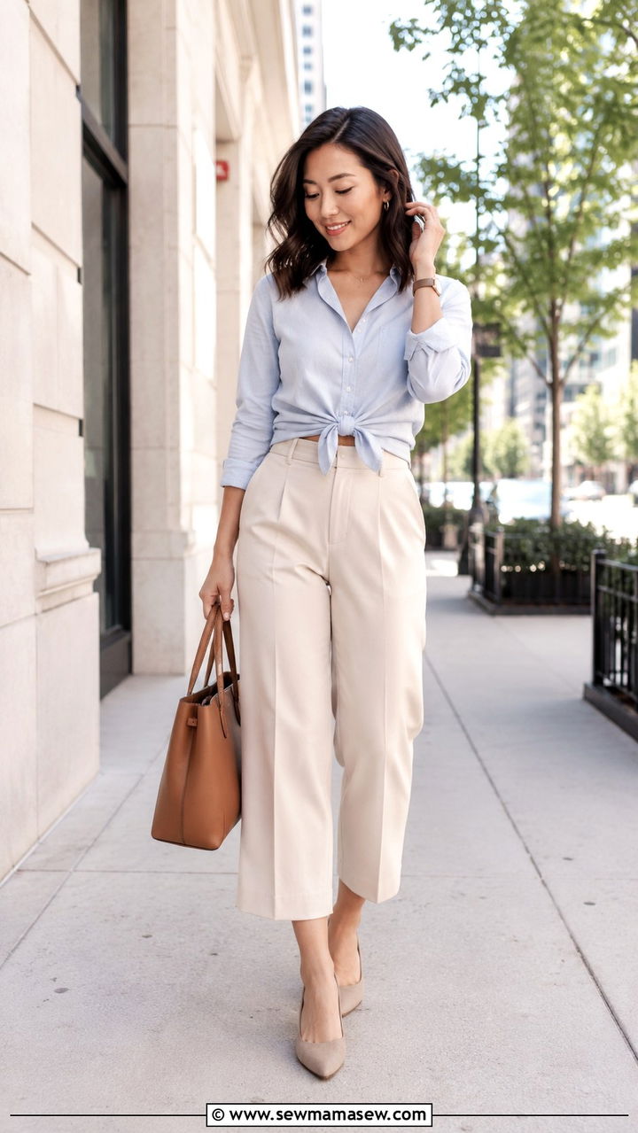 Tie Waist Shirt With Cropped Wide Leg Pants - 25 Petite outfit ideas with rectangle body