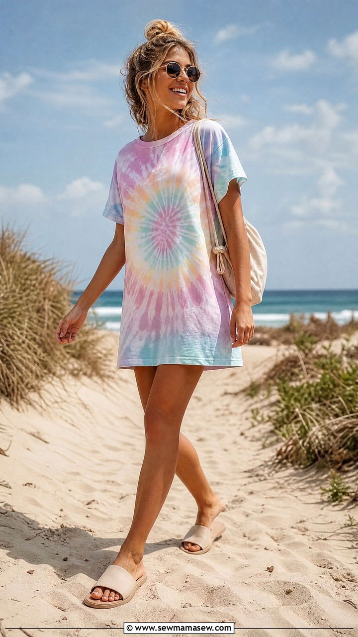 Tie dye beach dress with slides outfit - 30 Summer beach day outfit ideas