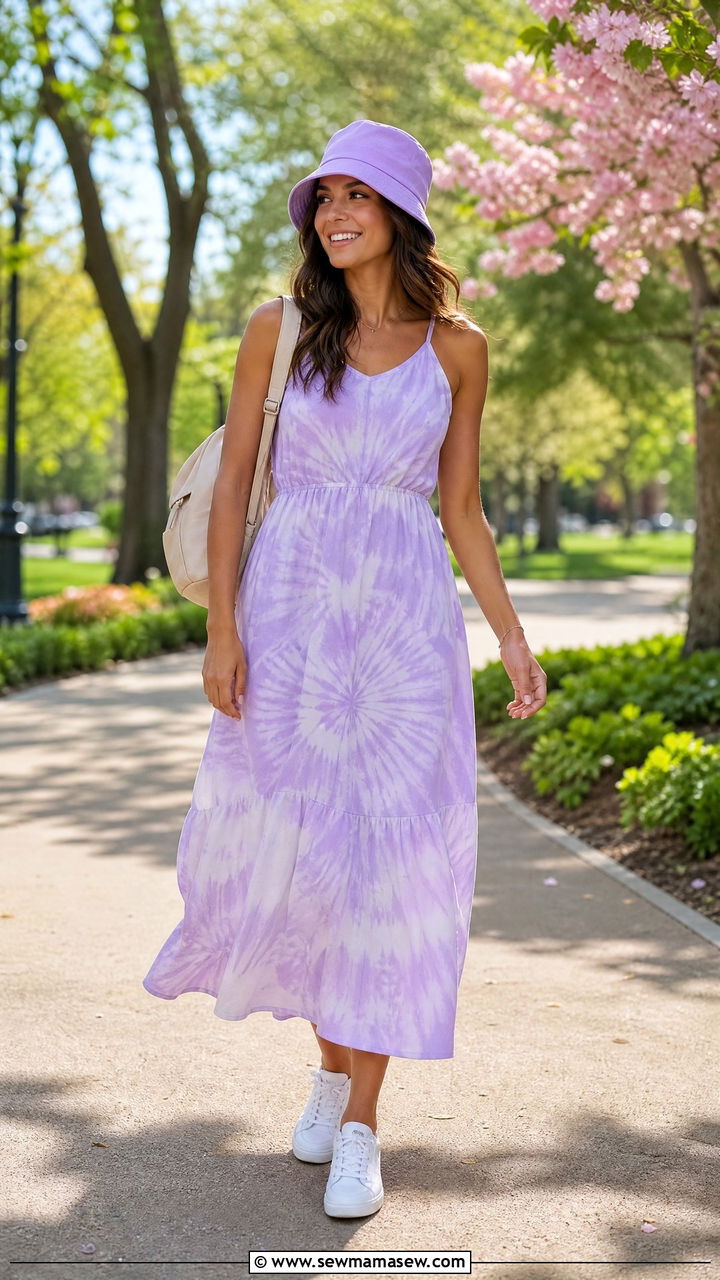 Tie dye dress and bucket hat - 30 Summer outfits with hats