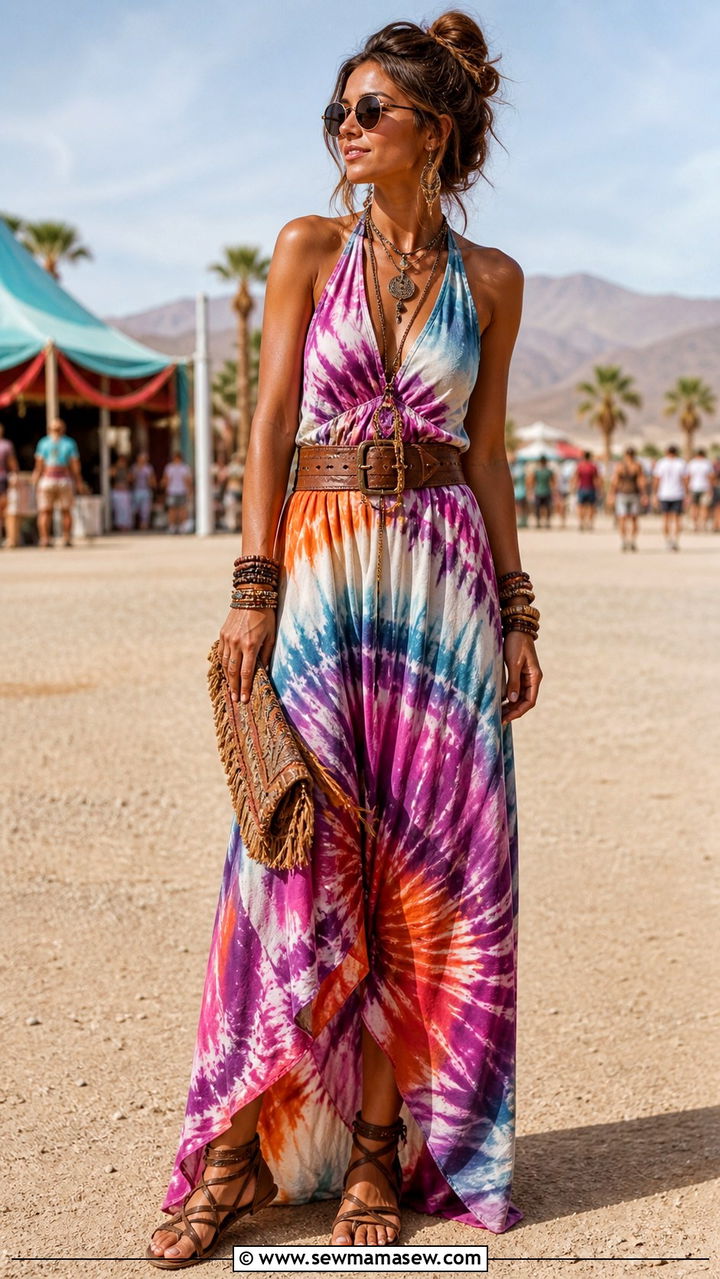 Tie dye halter maxi dress with statement belt - 40 festival outfits ideas