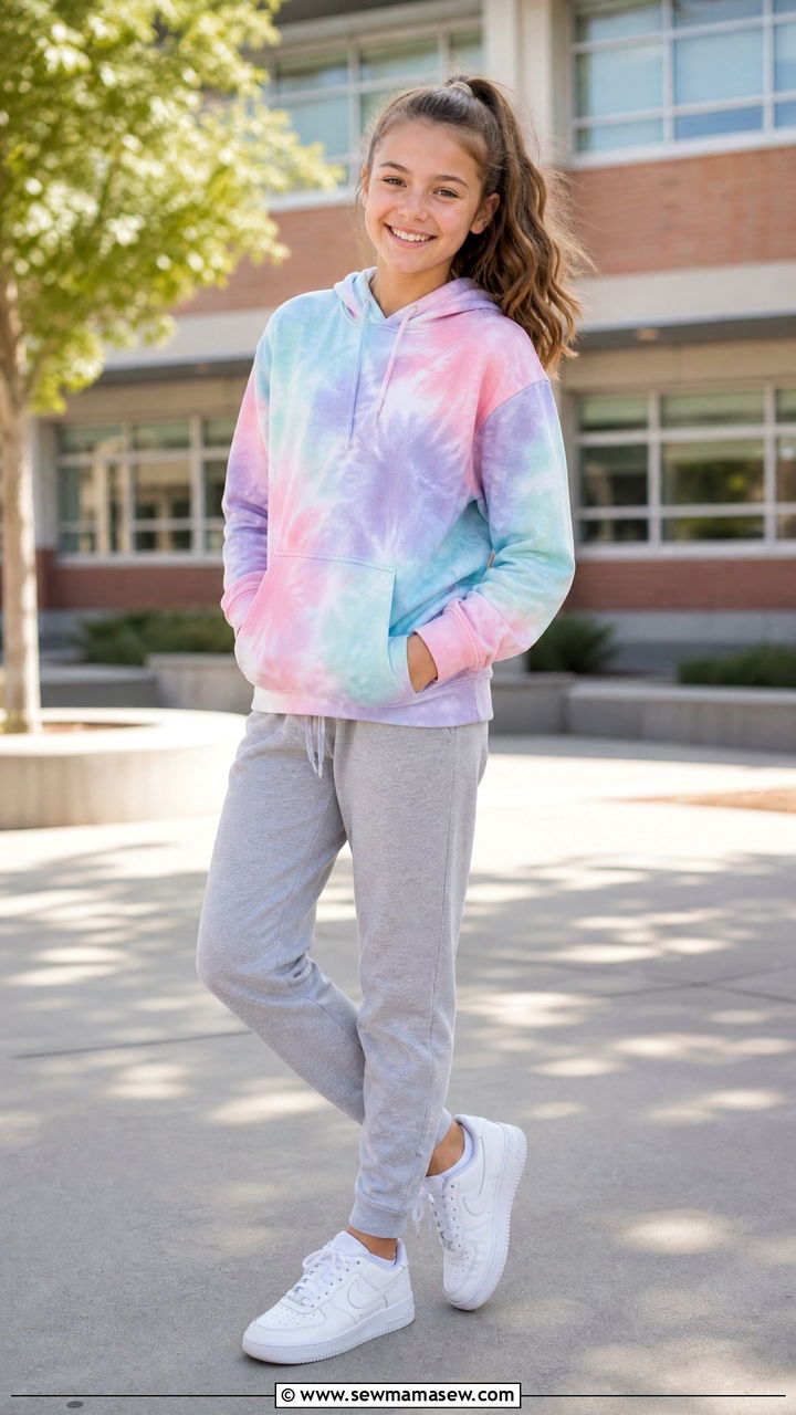 Tie dye hoodie with joggers and white sneakers - 25 Tween outfit ideas for 12 year olds