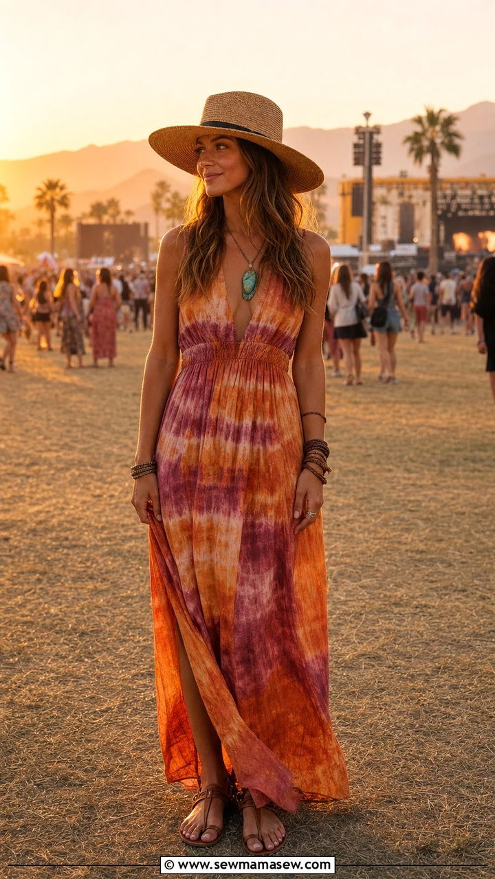 Tie dye maxi dress with flat sandals - 35 Bonnaroo outfit ideas