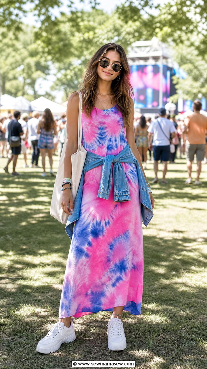 Tie dye maxi dress with white chunky sneakers outfit - 30 Summer outfit ideas for teens