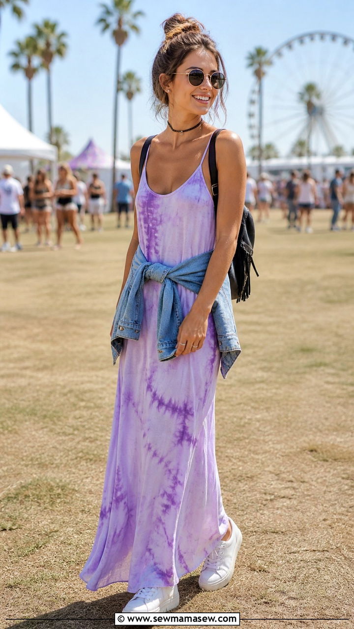 Tie dye maxi with white platform sneakers - 40 Coachella outfit ideas