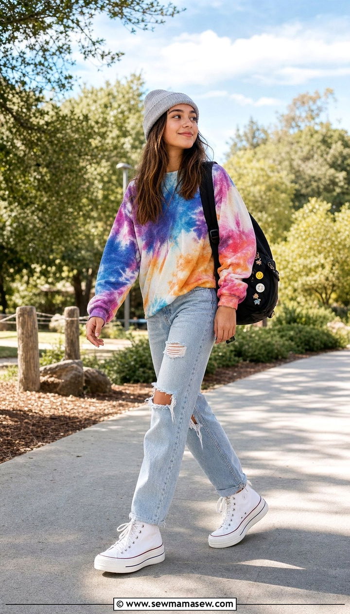 Tie dye sweatshirt with ripped jeans - 25 Cute outfits for 15 year olds