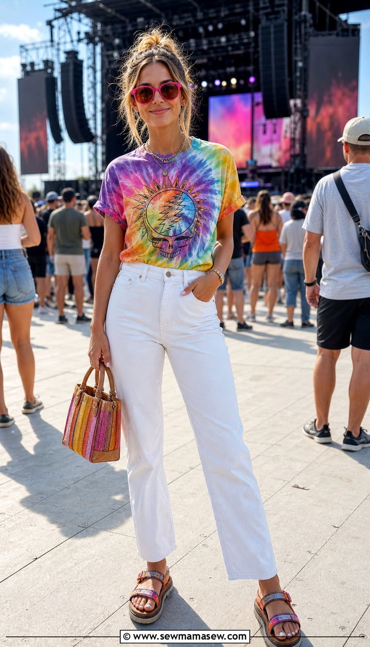 Tie dye tee and white jeans outfit - 35 casual concert outfits