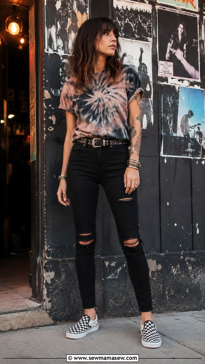 Tie dye tee with ripped black skinnies - 30 Indie girl outfit ideas