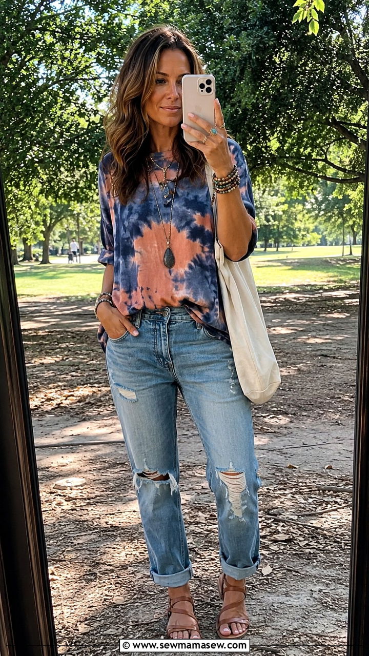 Tie dye top with boyfriend jeans - 25 Boho outfit ideas with jeans