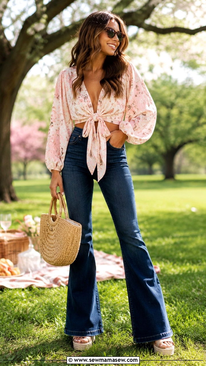 Tie front blouse and flare jeans - 30 Spring outfits with flare jeans