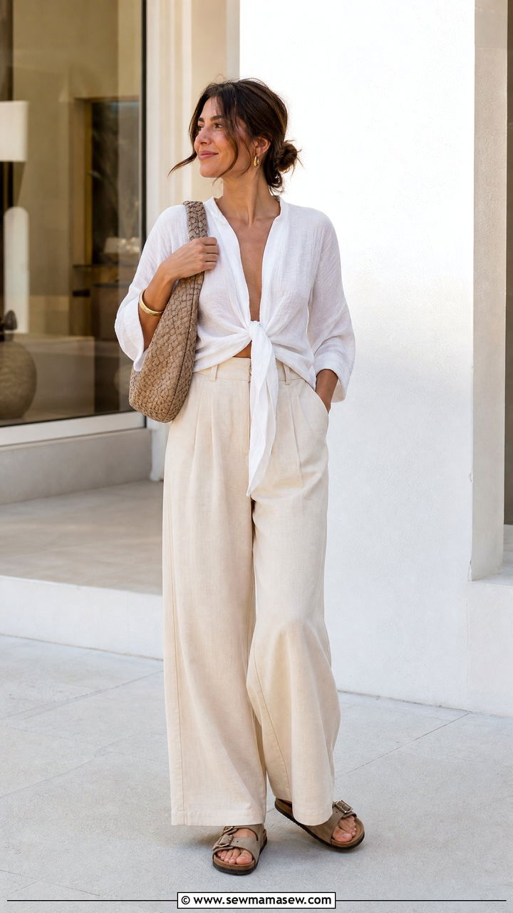 Tie front blouse and wide leg trousers with Birkenstock slide sandals - 30 summer outfits with slide sandals