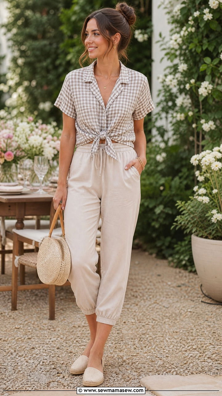 Tie front shirt with cropped joggers - 30 Summer outfits with joggers