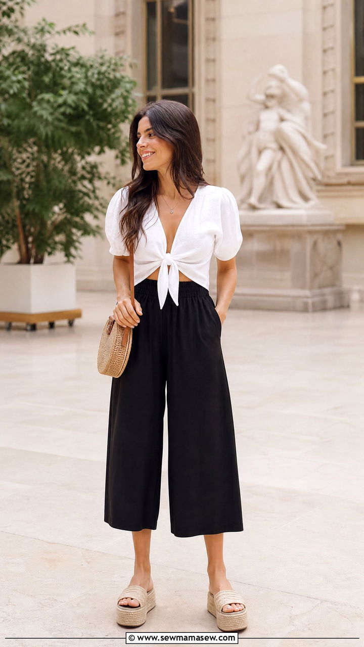 Tie front top and culottes with espadrilles - 30 Summer outfits with espadrilles