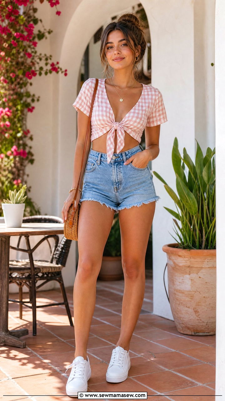 Tie front top and high waisted shorts outfit - 30 Summer capsule wardrobe for college
