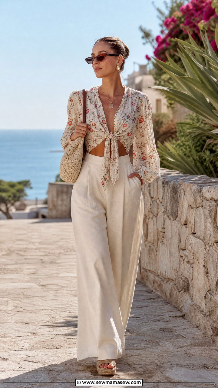 Tie front top with palazzo pants and wedge sandals - 35 Hailey Bieber spring outfit ideas