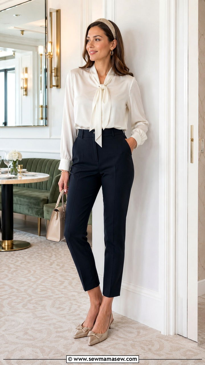 Tie neck blouse with ankle pants and preppy accessories - 30 preppy outfits for women