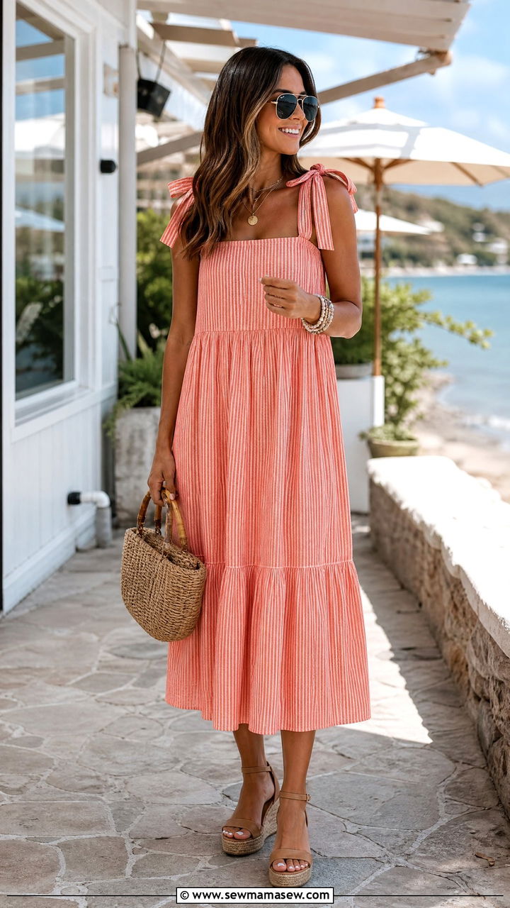 Tie shoulder sundress with woven wedges - 40 summer sundress outfit ideas