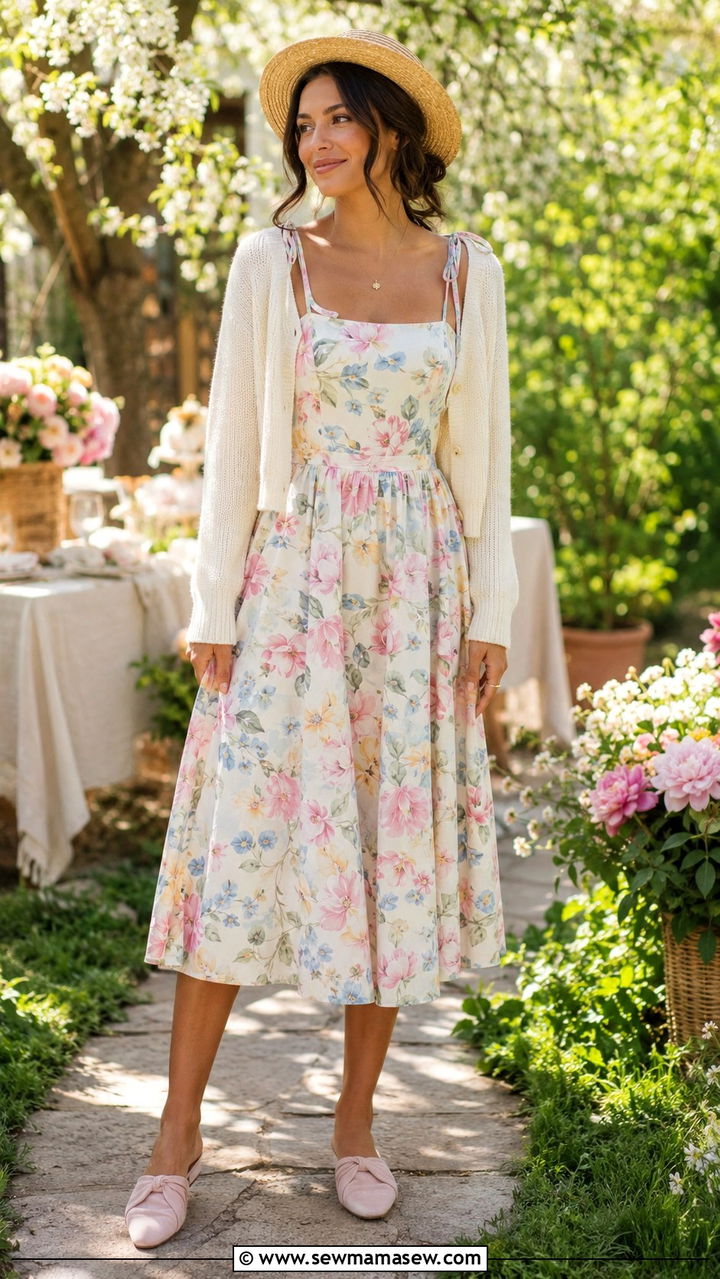 Tie strap sundress with cropped cardigan and mules - 30 Spring outfits with sundresses