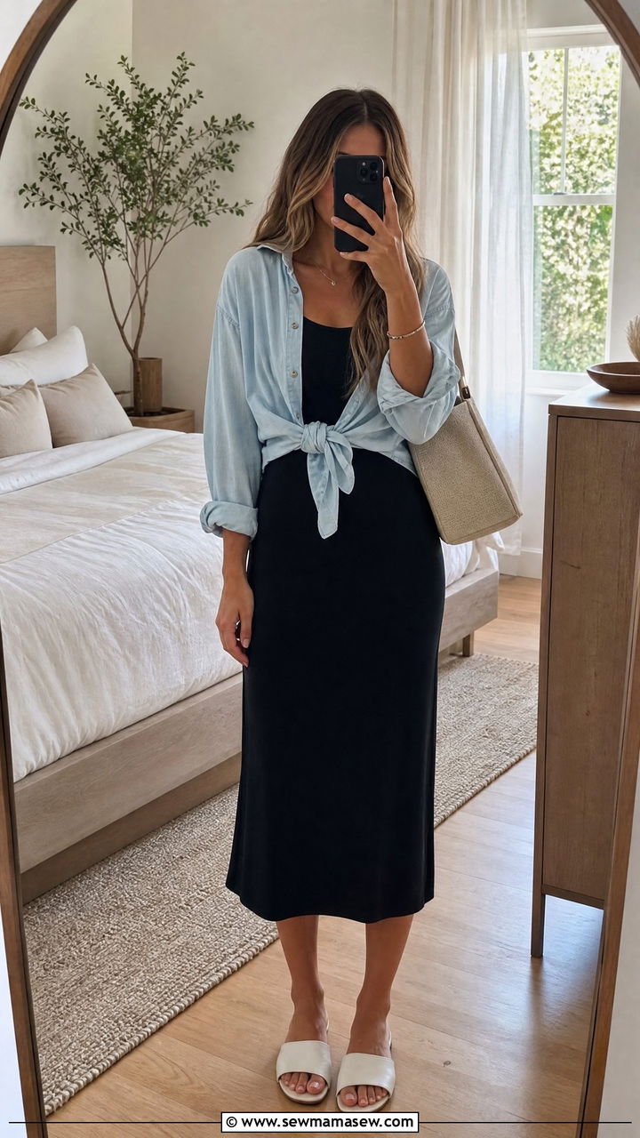 Tied Denim Shirt Over Black Dress - 35 Minimalist summer capsule wardrobe