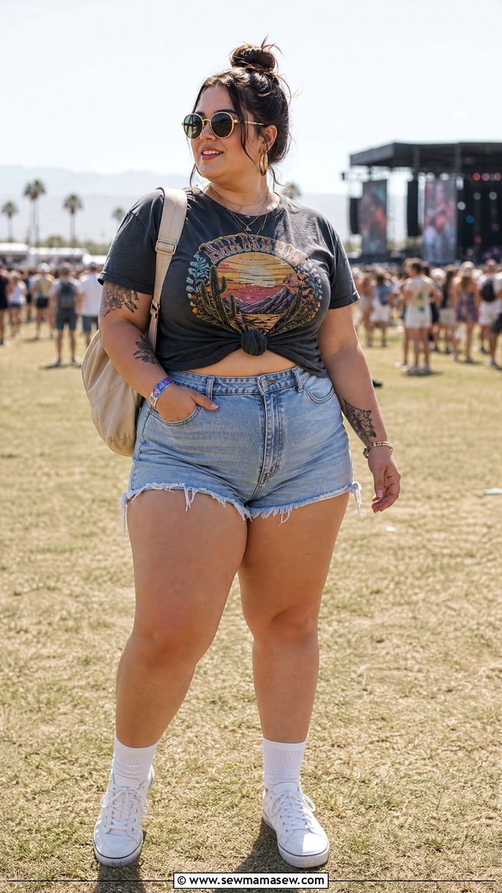 Tied Graphic Tee With Denim Shorts - 30 summer outfits for plus size women