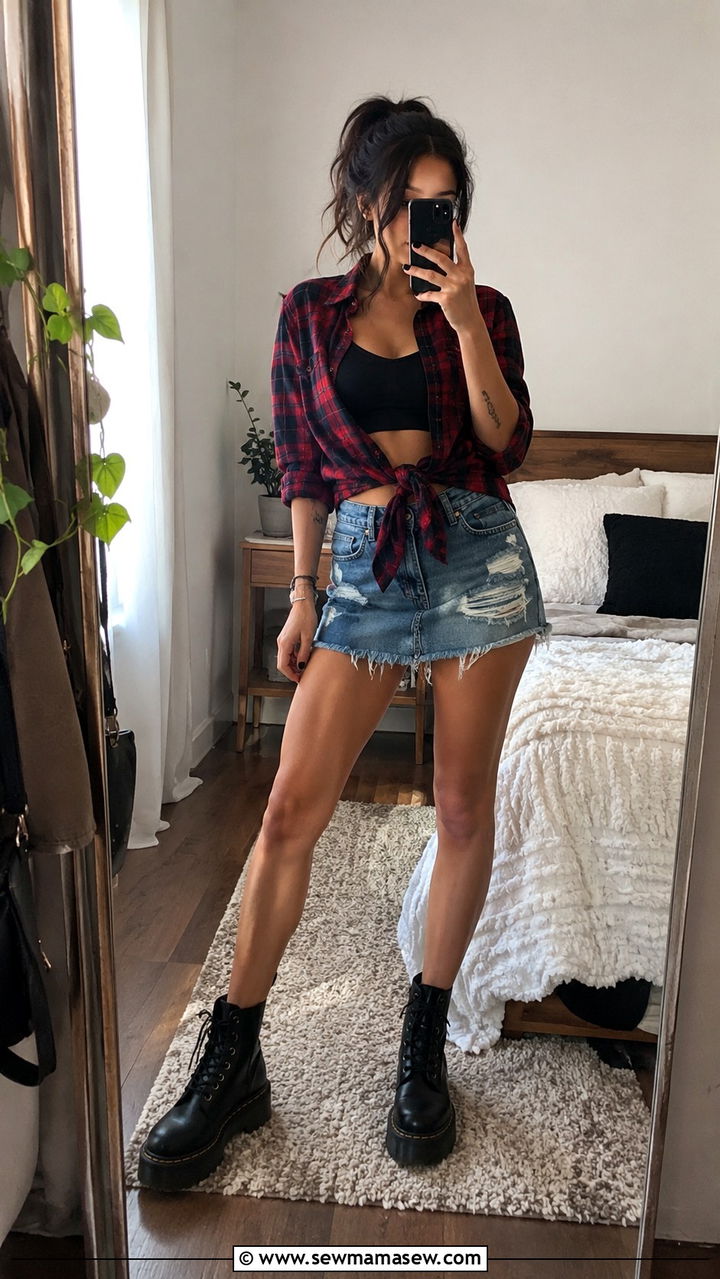 Tied Plaid Shirt and Frayed Denim Skirt - 30 casual grunge outfits