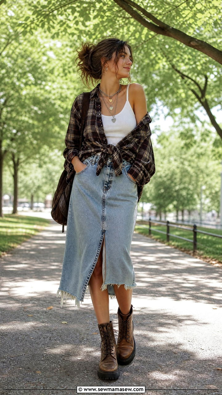 Tied Plaid Shirt and Frayed Denim Skirt - 30 summer grunge outfits