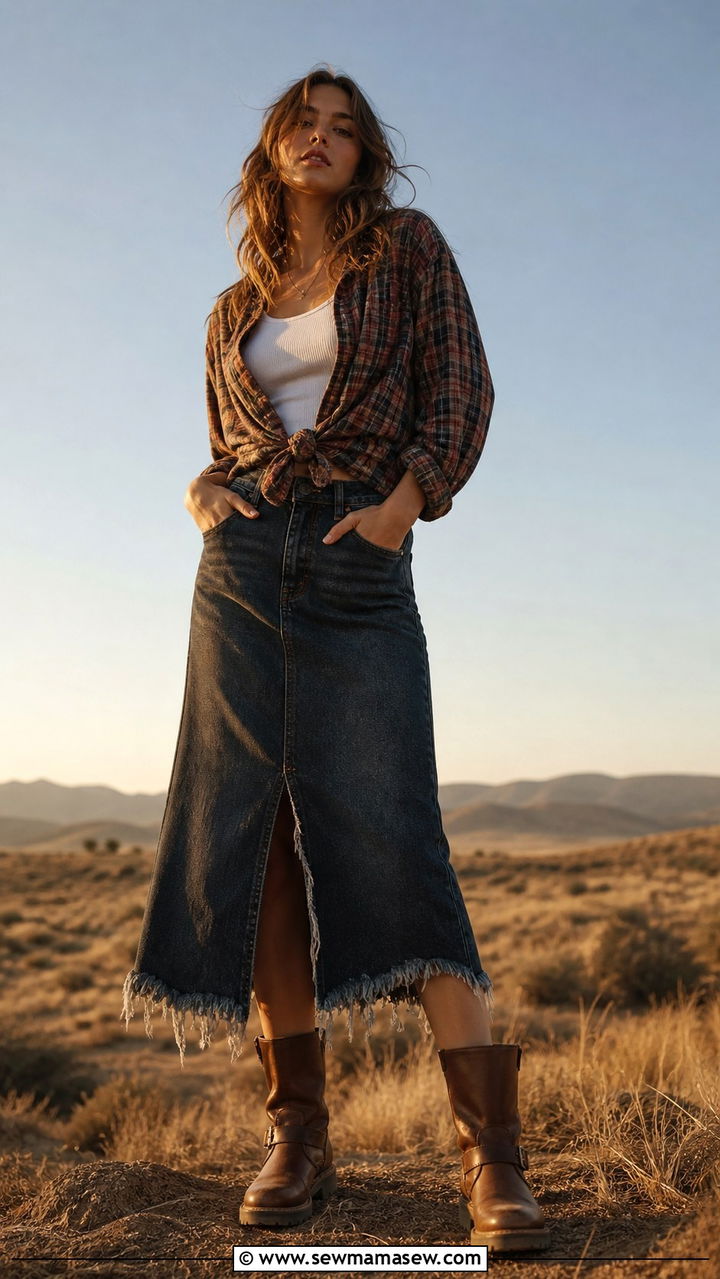 Tied Plaid Shirt and Frayed Midi Skirt Grunge Look - 40 grunge outfits for women