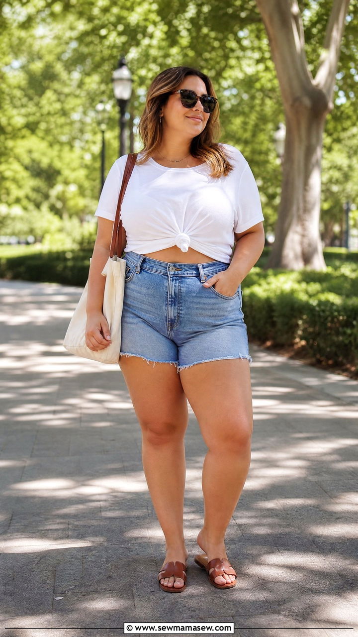 Tied White Tee and Denim Shorts - 30 Cute outfits for plus size