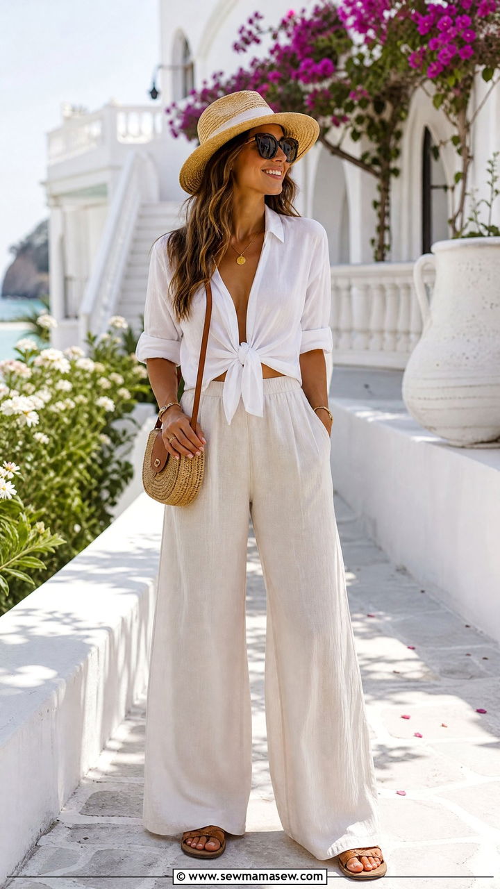 Tied white blouse and wide leg beach pants - 35 Mature woman outfit ideas
