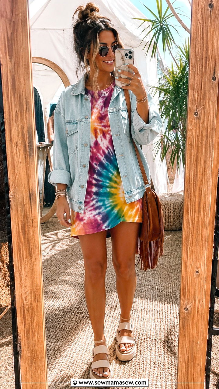 Tiedye shift dress with denim jacket - 25 Shift dress outfit ideas with a denim jacket