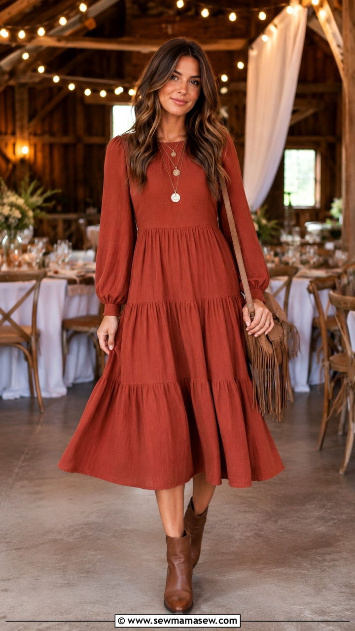 Tiered A Line Midi Dress with Ankle Boots - 25 Wedding guest outfit ideas A line dress