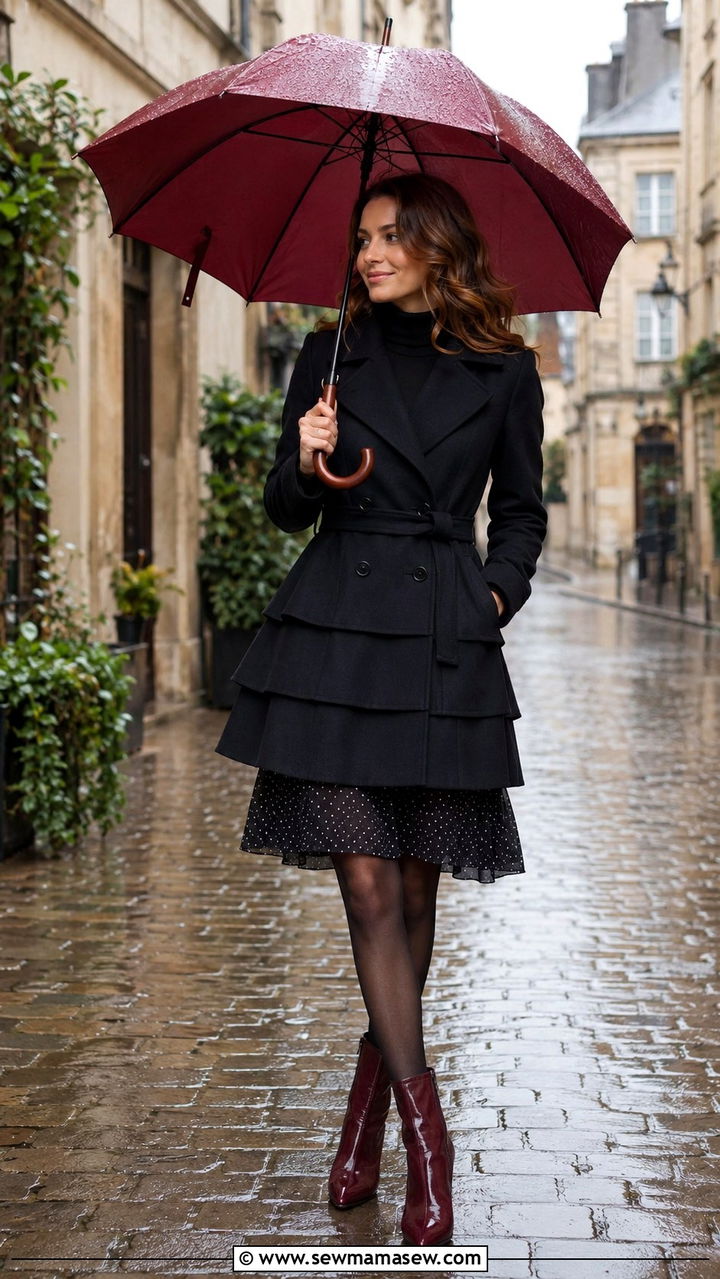 Tiered Black Coat with Berry Ankle Boots - 20 rainy day outfits 2026