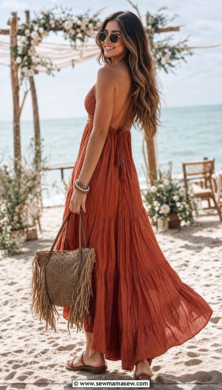 Tiered Boho Maxi Dress With Flat Sandals For Beach Wedding - 35 Beach wedding guest outfits