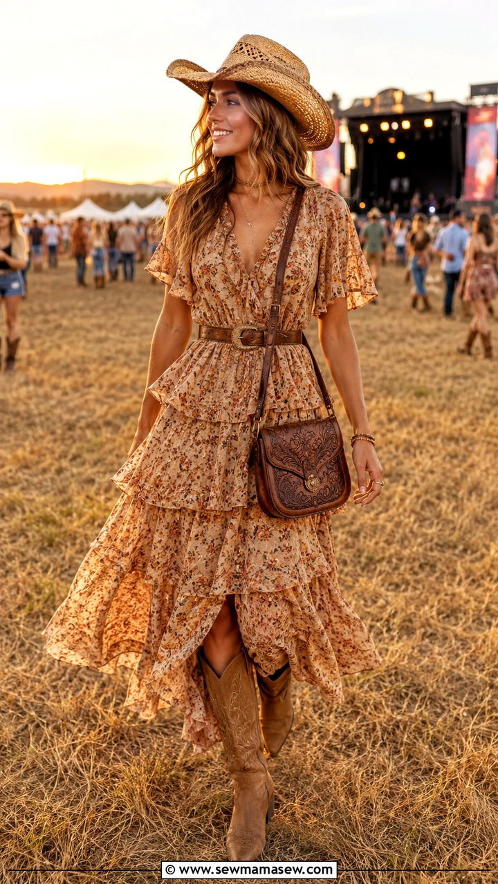 Tiered Boho Maxi Dress with Cowboy Hat and Boots - 30 Outdoor concert outfit ideas
