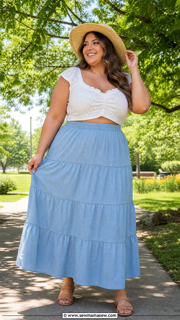 Tiered Chambray Maxi Skirt Summer Outfit - 25 Maxi skirt outfit ideas plus size