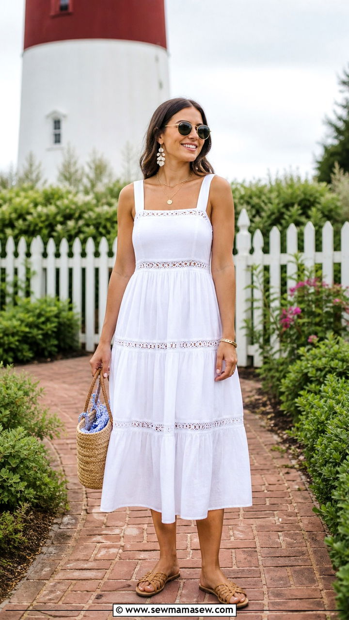 Tiered Cotton Dress With Shell Jewelry Coastal Outfit - 40 summer coastal outfit ideas