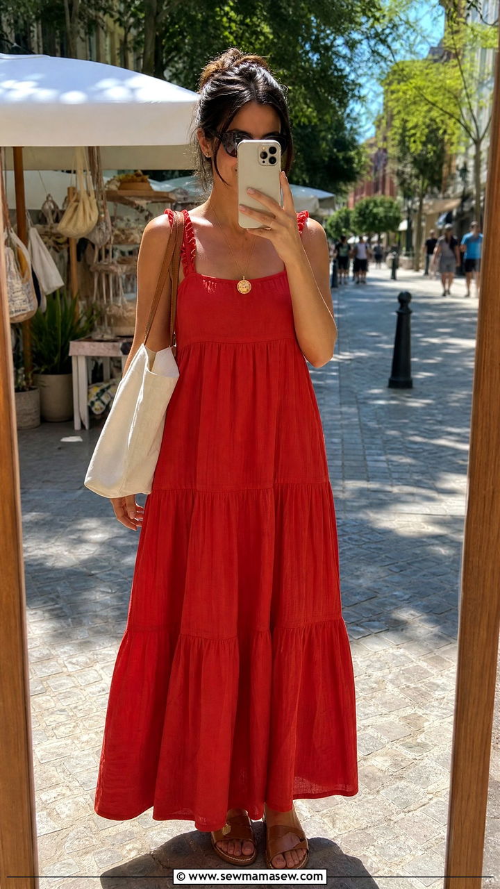 Tiered Cotton Maxi Dress With Flat Sandals - 30 summer trendy outfit ideas