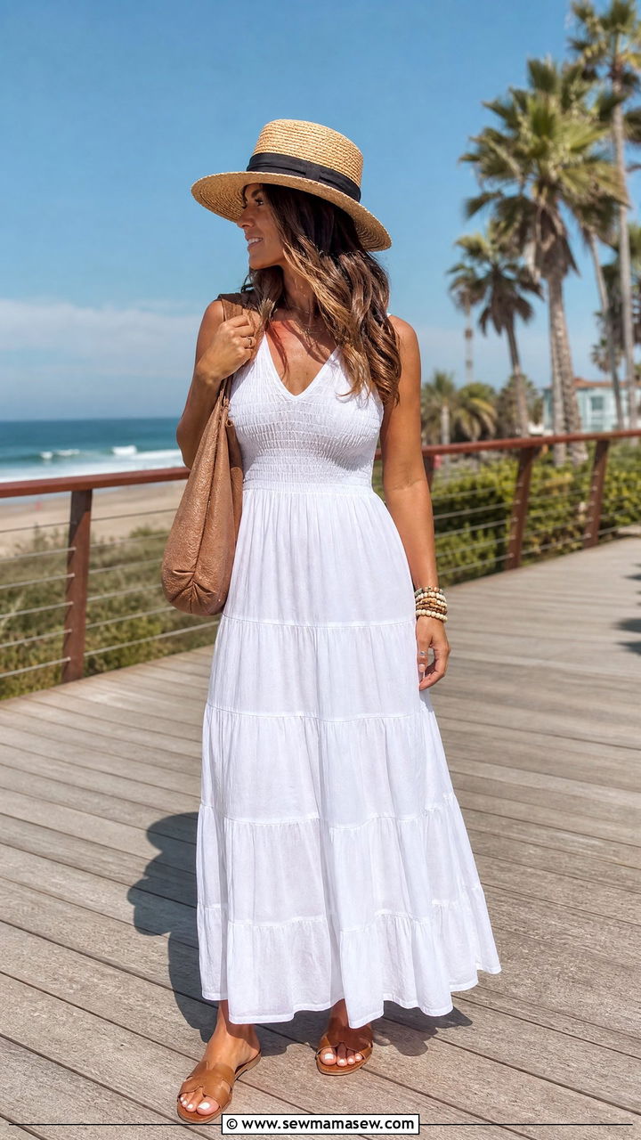 Tiered Cotton Maxi Dress With Flat Slides - 30 Summer capsule wardrobe for petite women