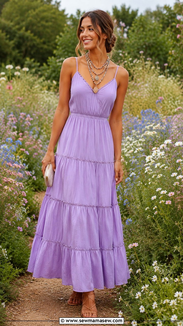 Tiered Cotton Maxi Dress With Gladiator Sandals - 30 seasonal wedding guest outfit ideas