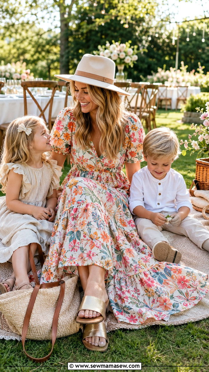 Tiered Cotton Maxi Dress With Slide Sandals - 25 Wedding guest outfit ideas with kids in tow