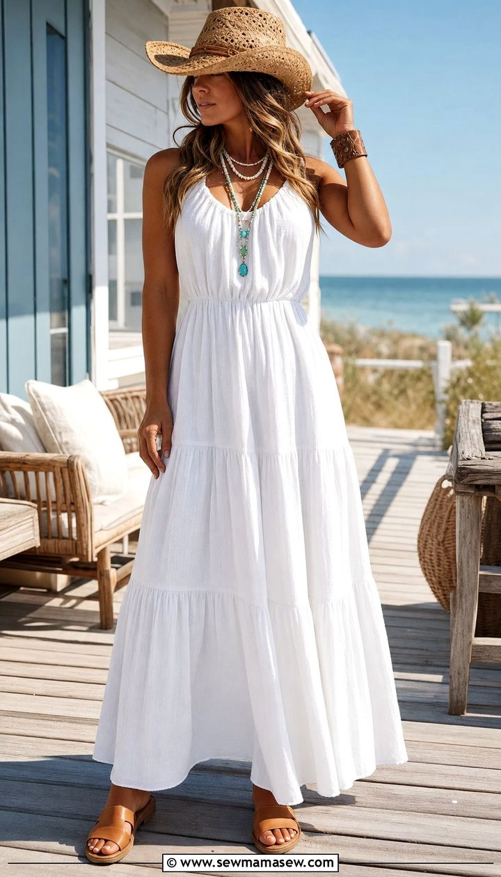 Tiered Cotton Maxi Dress and Flat Sandals - 25 summer coastal cowgirl outfits