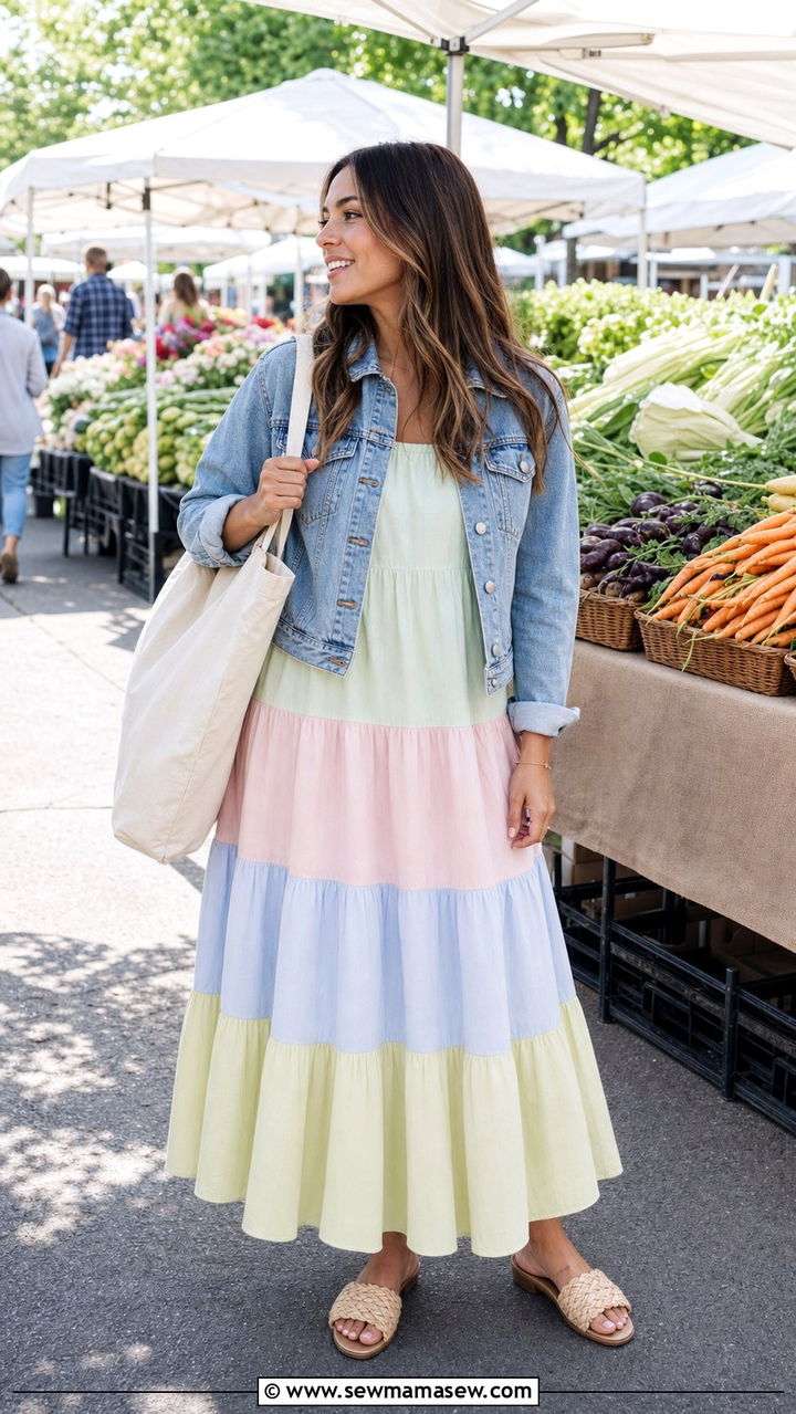 Tiered Cotton Maxi Dress with Denim Jacket - 25 Spring Sunday outfit ideas