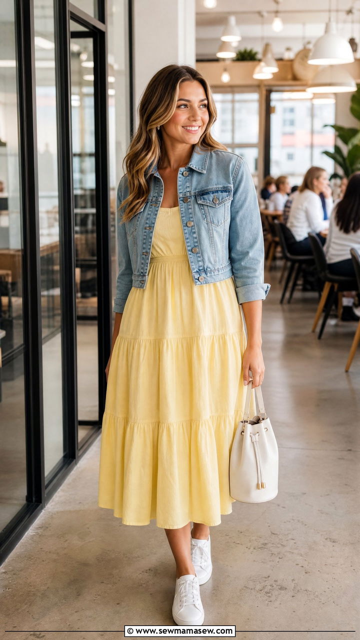 Tiered Cotton Midi Dress With Denim Jacket And White Sneakers - 30 summer outfits for office women
