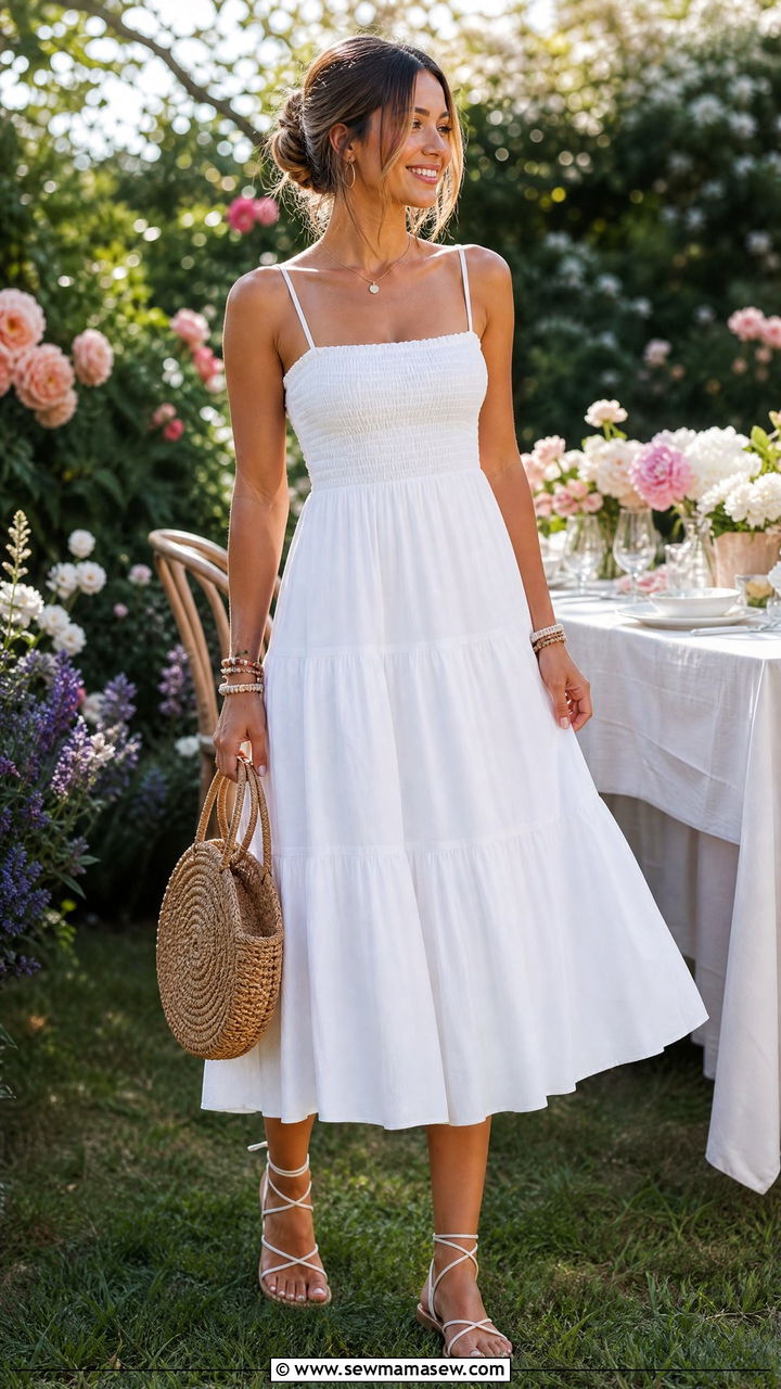 Tiered Cotton Midi Dress With Strappy Sandals - 20 Summer outfits for 75 degree weather